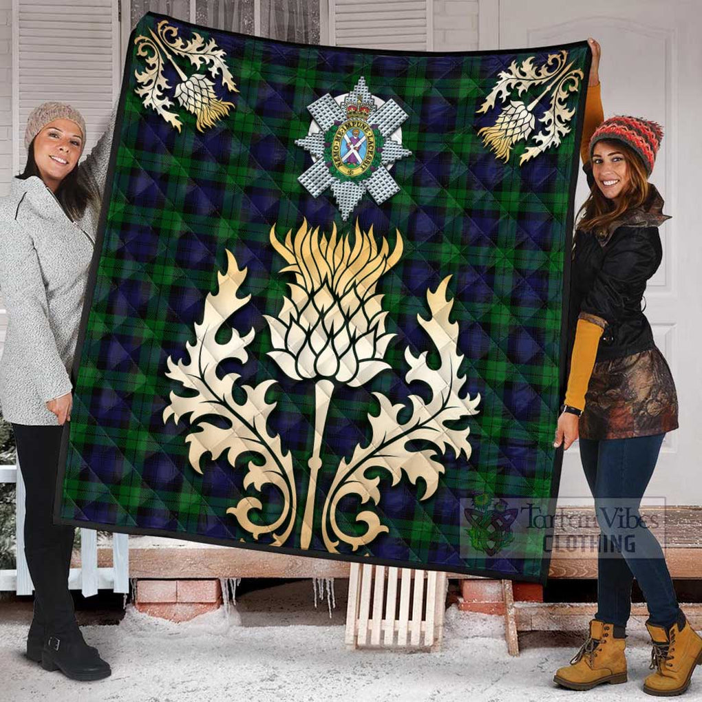 Tartan Vibes Clothing Black Watch Tartan Quilt with Family Crest and Golden Thistle Style