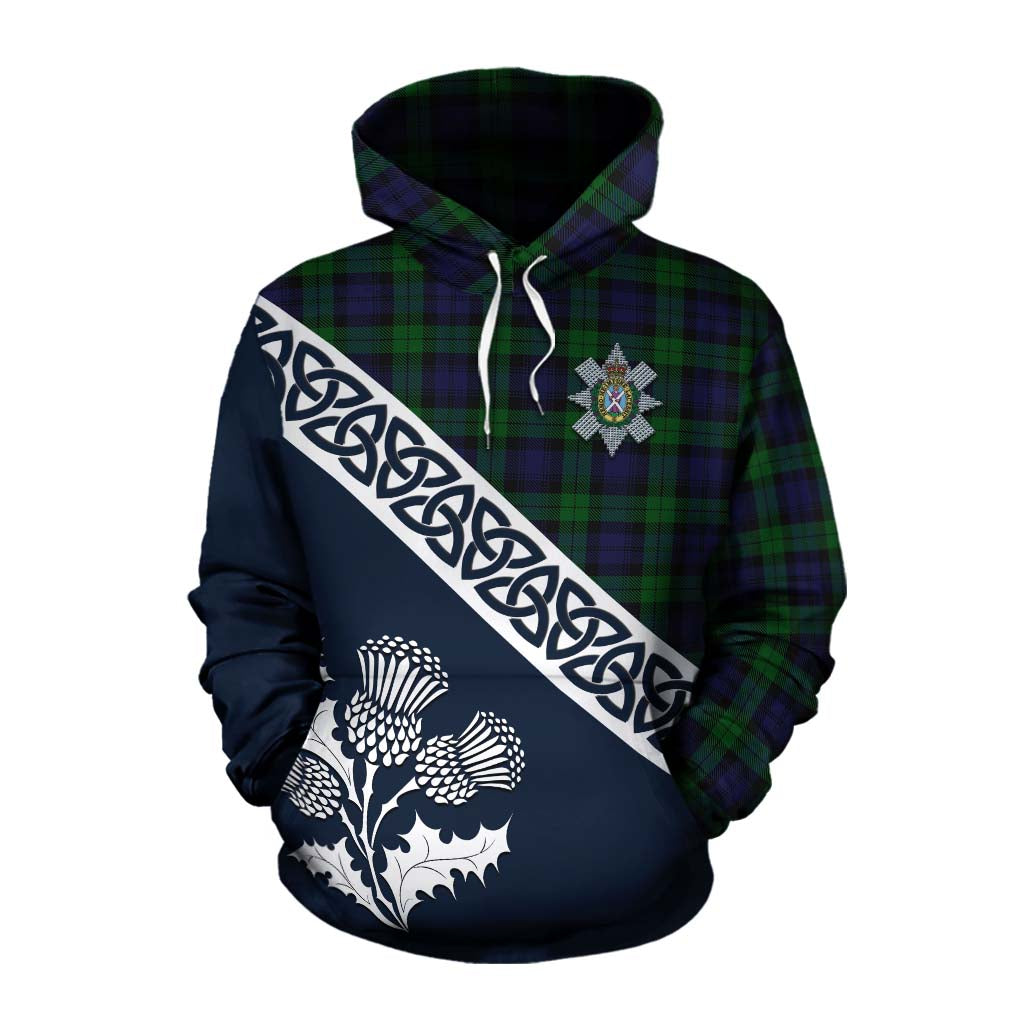 Tartan Vibes Clothing Black Watch Tartan Cotton Hoodie Featuring Thistle and Scotland Map