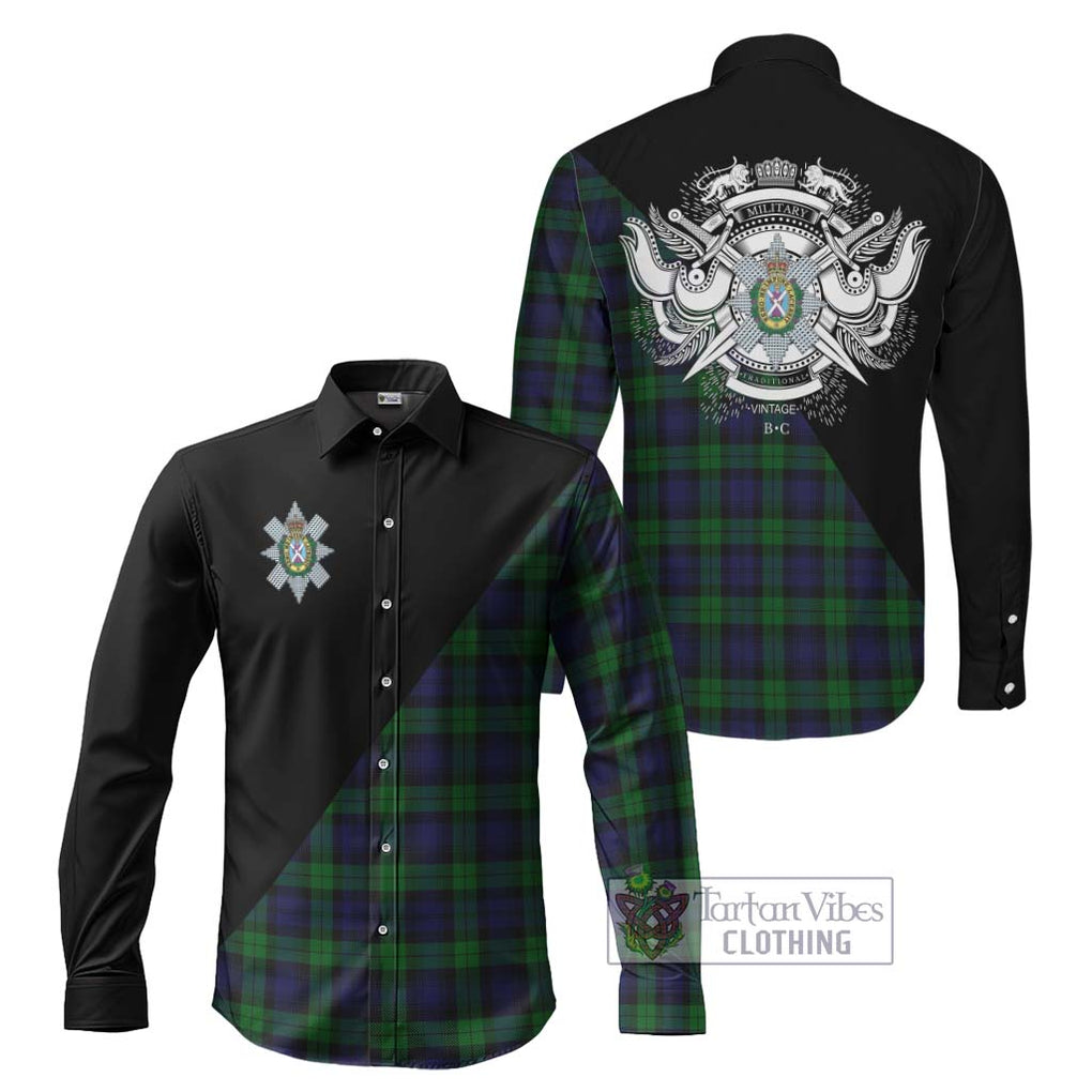 Black Watch Tartan Long Sleeve Button Shirt with Family Crest and Military Logo Style Men's Shirt S - Tartanvibesclothing Shop