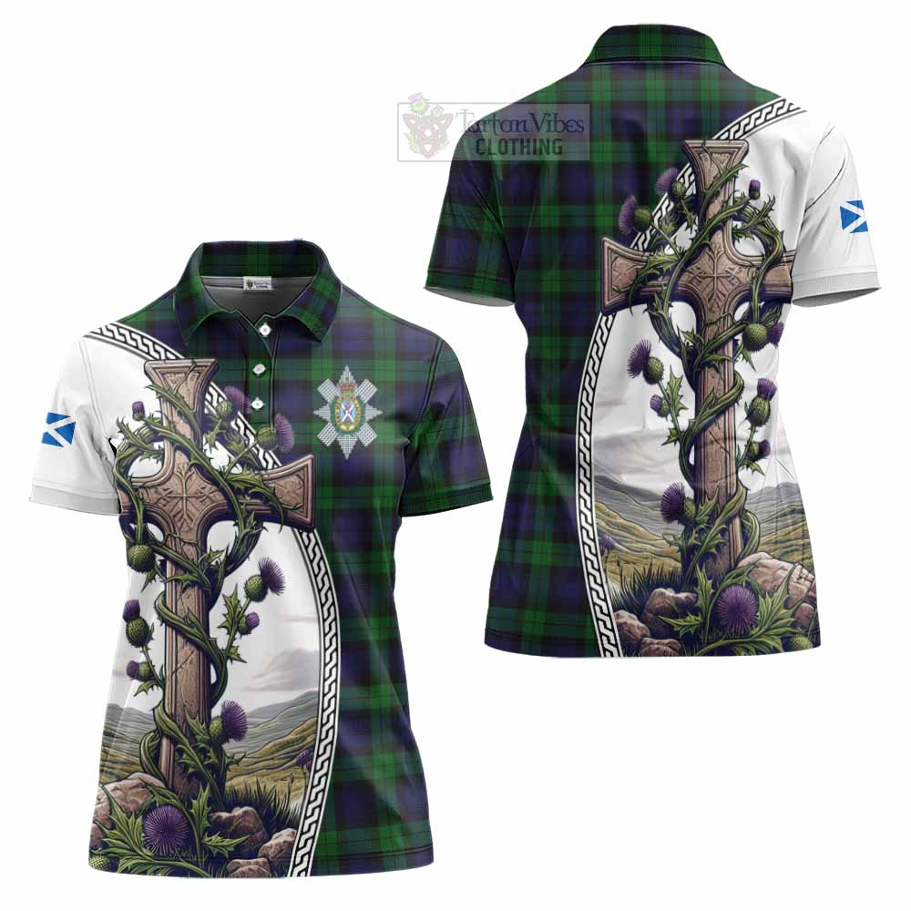 Tartan Vibes Clothing Black Watch Tartan Women's Polo Shirt with Family Crest and St. Andrew's Cross Accented by Thistle Vines