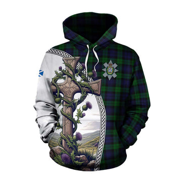 Black Watch Tartan Cotton Hoodie with Family Crest and St. Andrew's Cross Accented by Thistle Vines