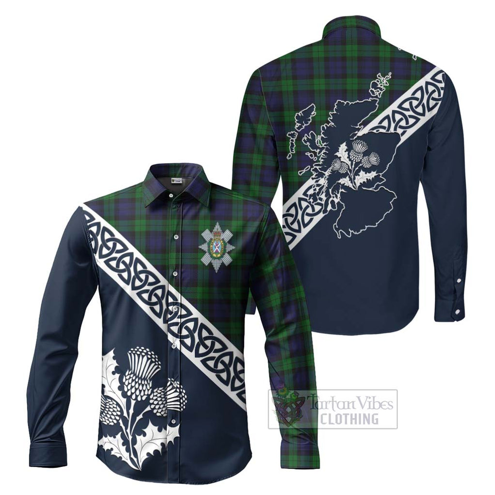 Tartan Vibes Clothing Black Watch Tartan Long Sleeve Button Shirt Featuring Thistle and Scotland Map