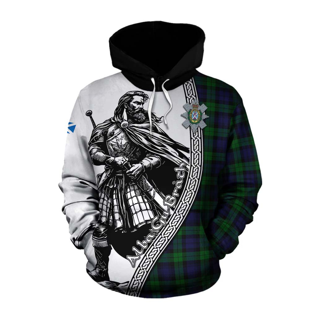 Tartan Vibes Clothing Black Watch Tartan Clan Crest Cotton Hoodie with Highlander Warrior Celtic Style