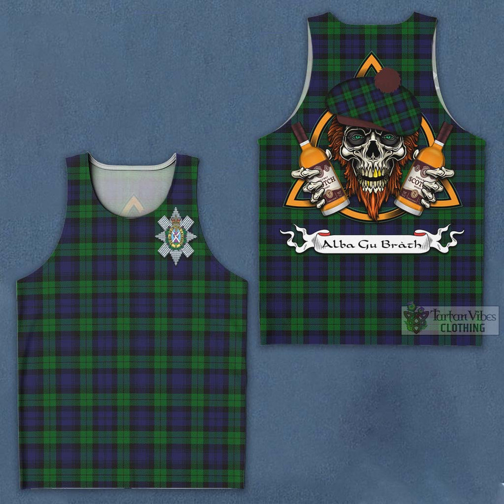 Tartan Vibes Clothing Black Watch Tartan Men's Tank Top with Family Crest and Bearded Skull Holding Bottles of Whiskey