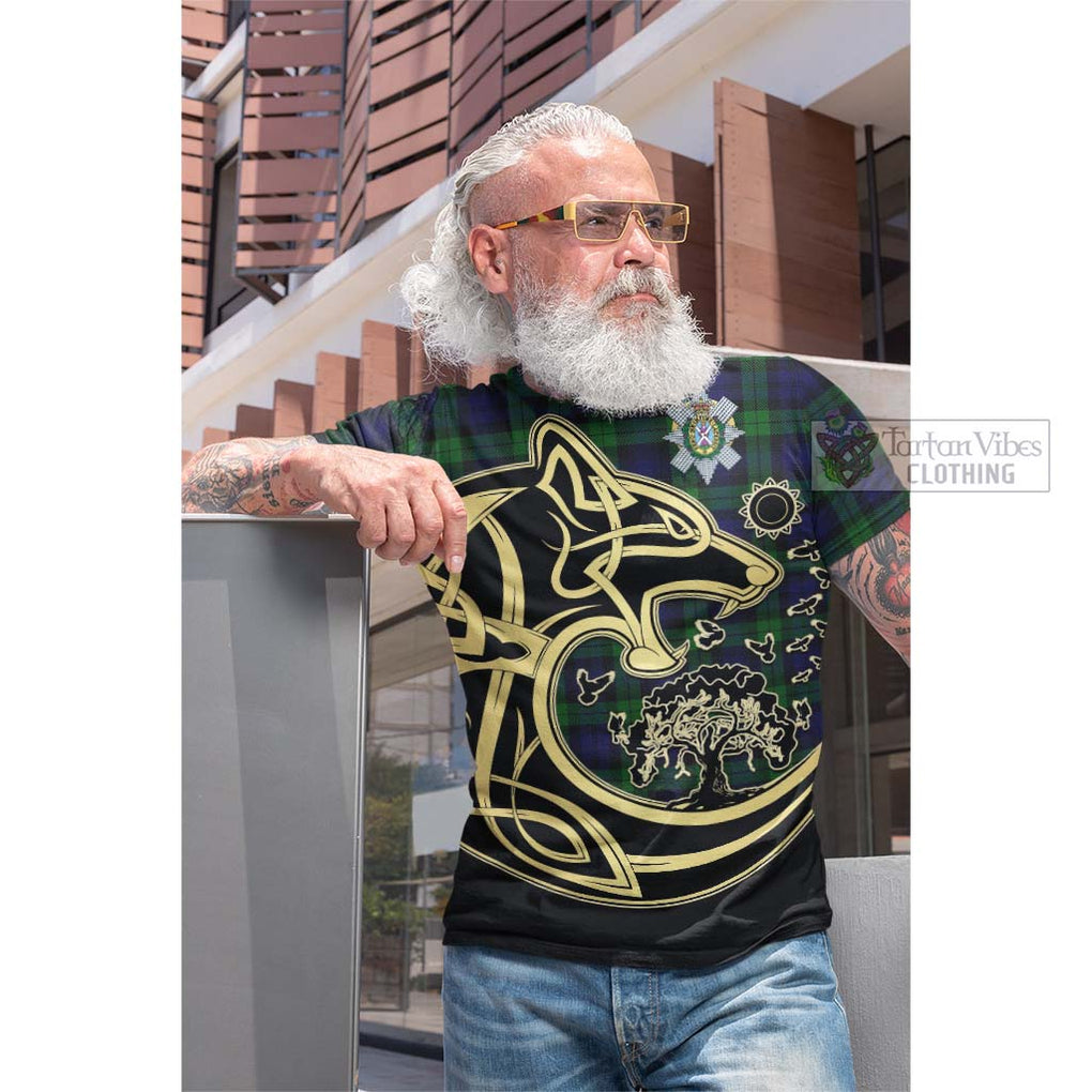 Tartan Vibes Clothing Black Watch Tartan Cotton T-shirt with Family Crest Celtic Wolf Style