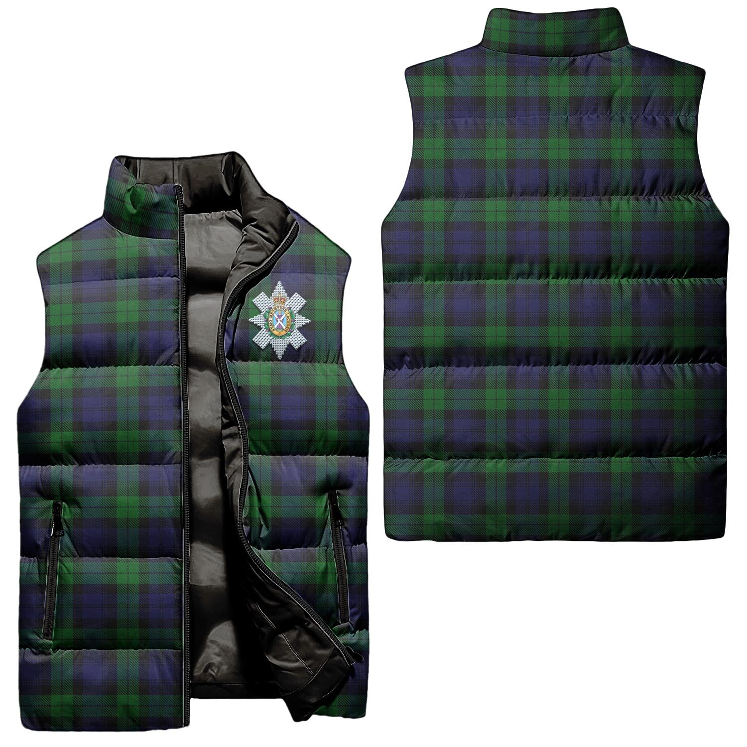 Black Watch Tartan Sleeveless Puffer Jacket with Family Crest Unisex - Tartanvibesclothing