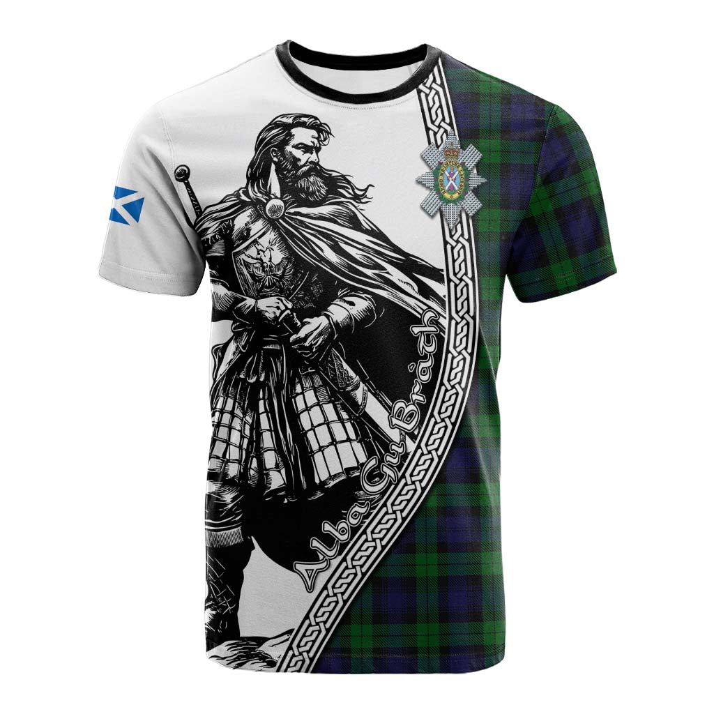 Black Watch Tartan Clan Crest Cotton T-shirt with Highlander Warrior Celtic Style