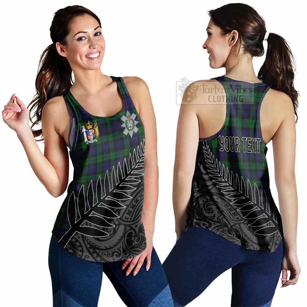 Tartan Vibes Clothing Black Watch Crest Tartan Women's Racerback Tanks with New Zealand Silver Fern Half Style