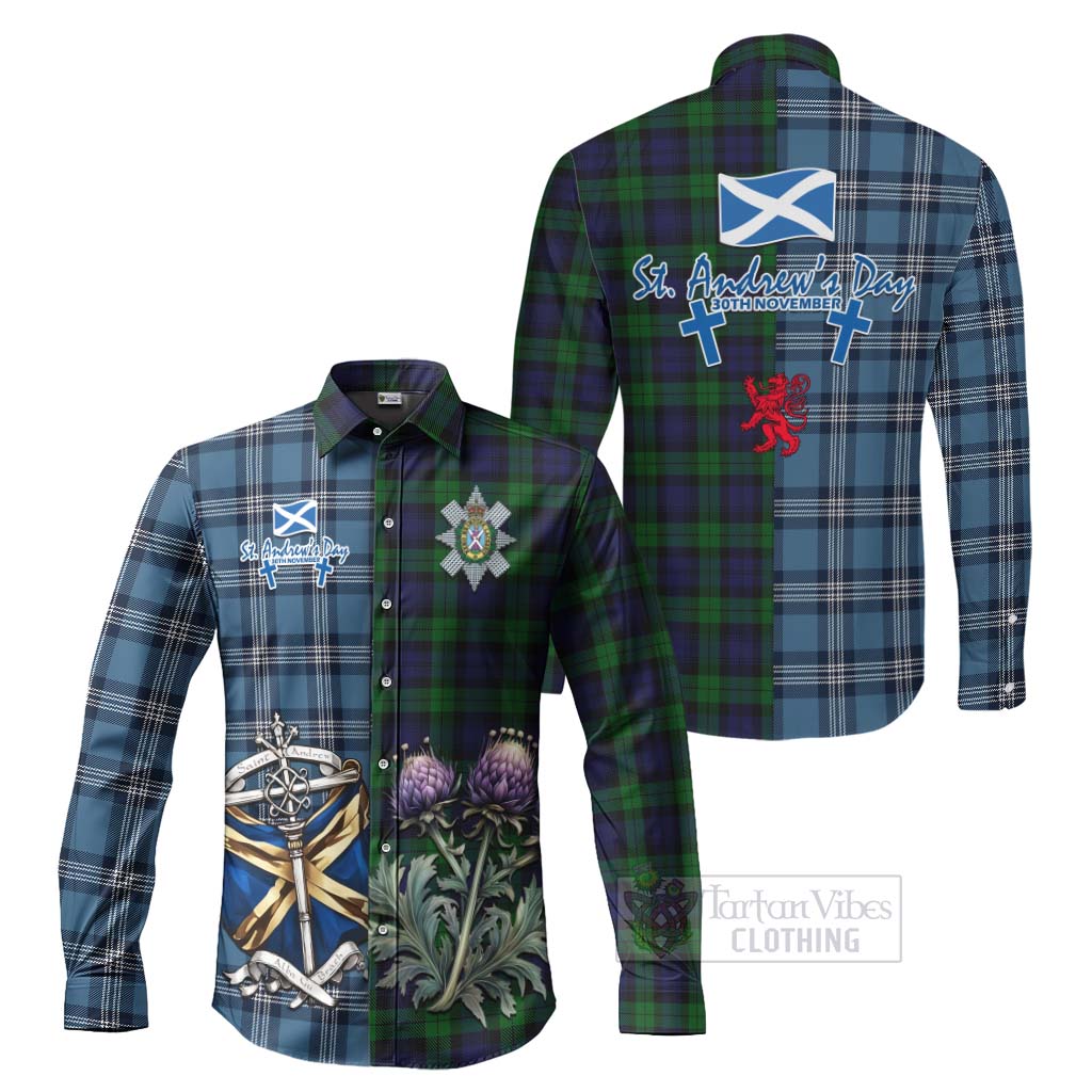 Tartan Vibes Clothing Black Watch Tartan Long Sleeve Button Shirt Happy St. Andrew's Day Half Tartan Style