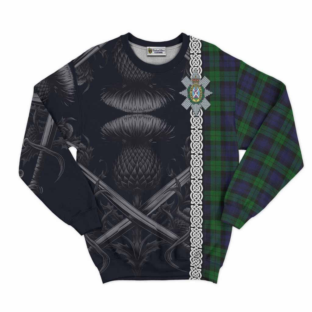 Tartan Vibes Clothing Black Watch Tartan Sweatshirt with Family Crest Cross Sword Thistle Celtic Vibes