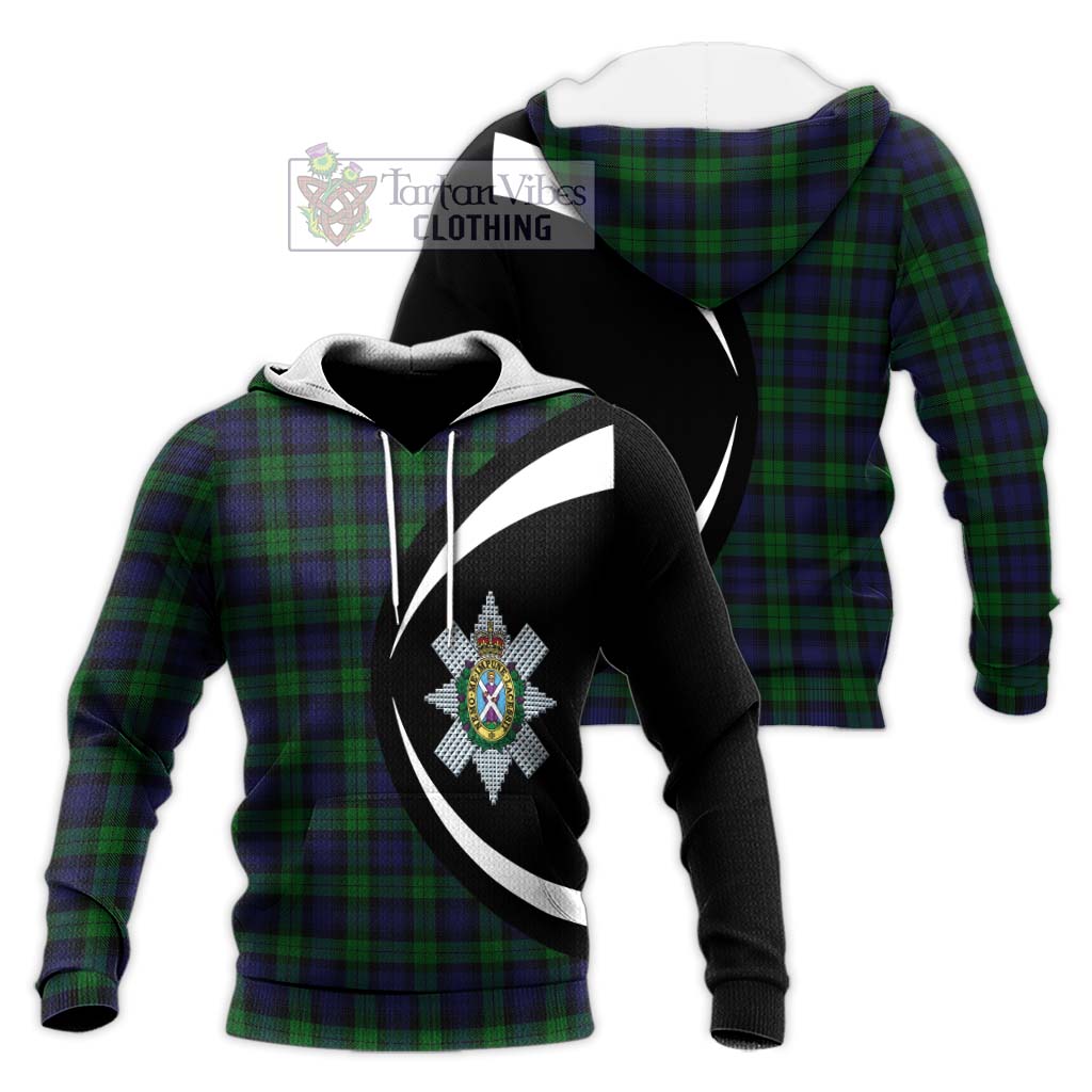 Black Watch Tartan Knitted Hoodie with Family Crest Circle Style Unisex Knitted Pullover Hoodie - Tartan Vibes Clothing