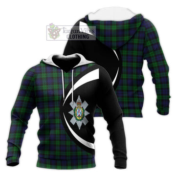 Black Watch Tartan Knitted Hoodie with Family Crest Circle Style