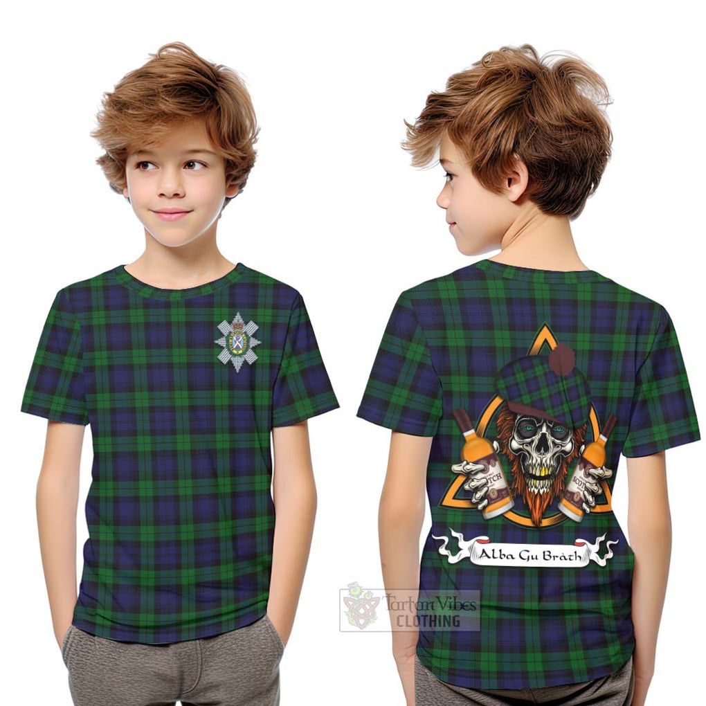 Tartan Vibes Clothing Black Watch Tartan Kid T-Shirt with Family Crest and Bearded Skull Holding Bottles of Whiskey