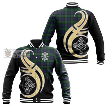 Black Watch Tartan Baseball Jacket with Family Crest and Celtic Symbol Style