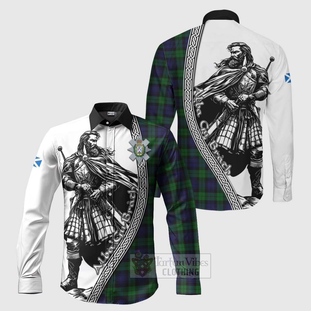 Tartan Vibes Clothing Black Watch Tartan Clan Crest Long Sleeve Button Shirt with Highlander Warrior Celtic Style