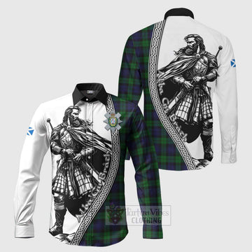 Black Watch Tartan Clan Crest Long Sleeve Button Shirt with Highlander Warrior Celtic Style