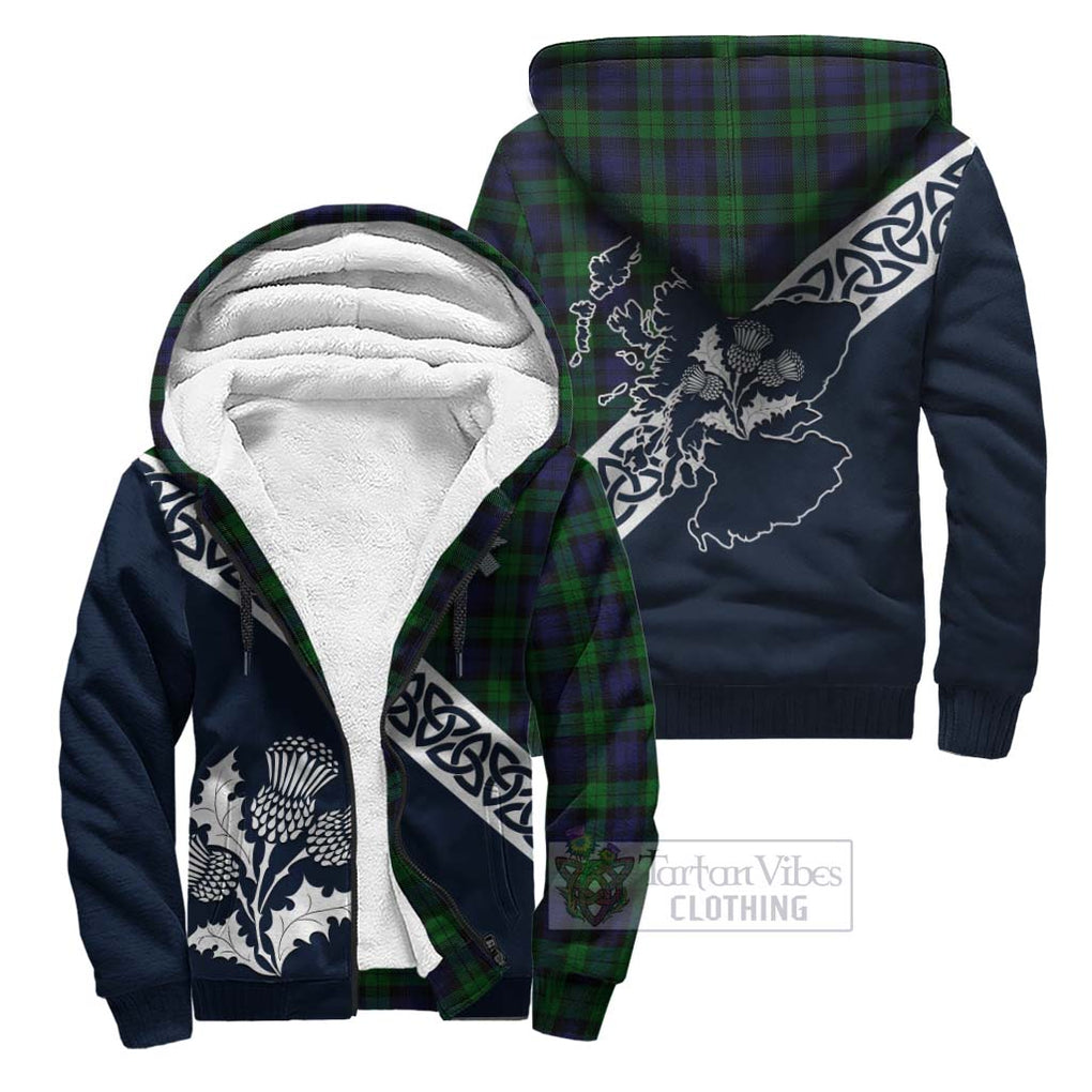 Tartan Vibes Clothing Black Watch Tartan Sherpa Hoodie Featuring Thistle and Scotland Map