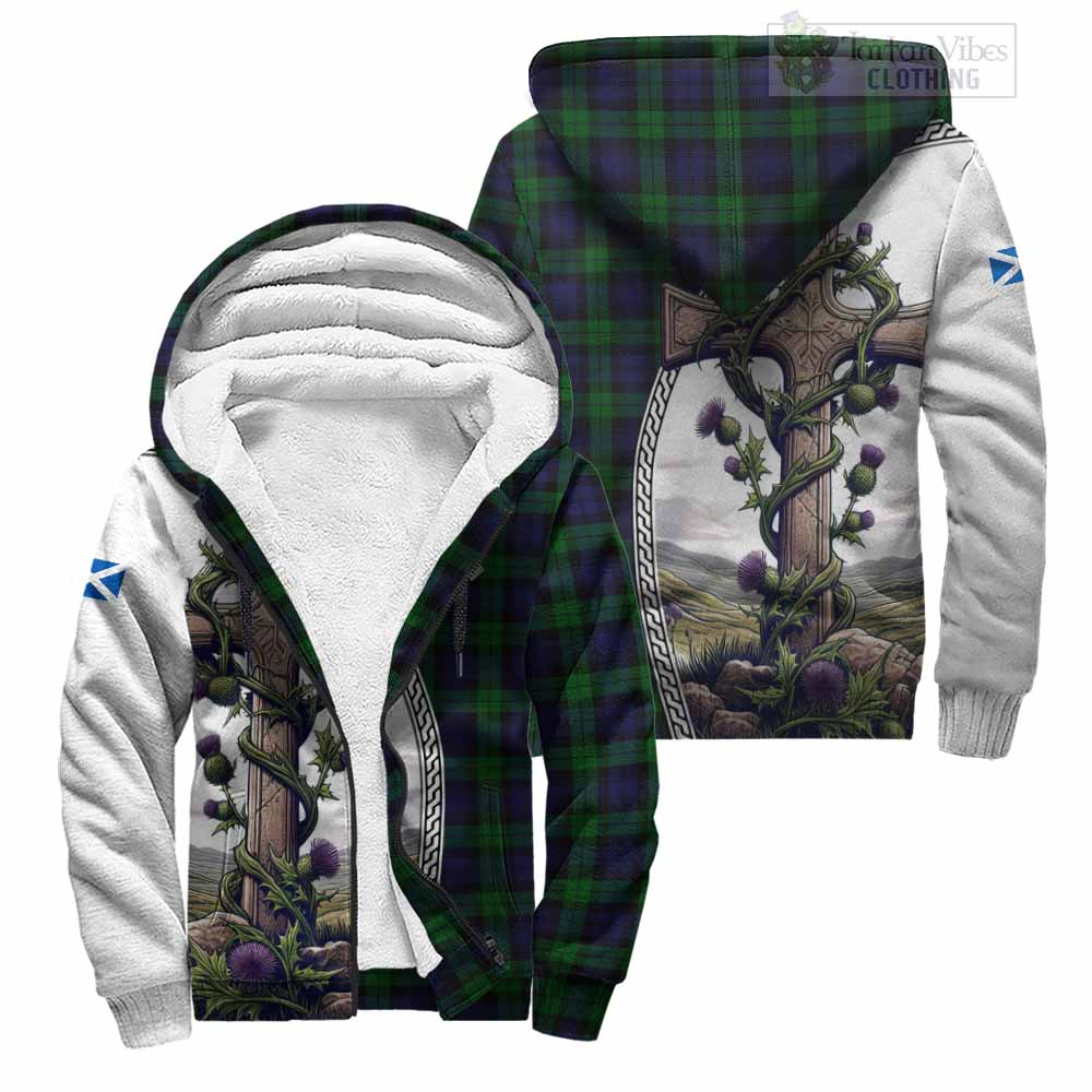 Tartan Vibes Clothing Black Watch Tartan Sherpa Hoodie with Family Crest and St. Andrew's Cross Accented by Thistle Vines