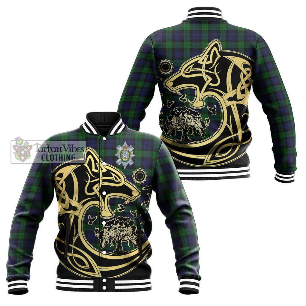 Black Watch Tartan Baseball Jacket with Family Crest Celtic Wolf Style Unisex - Tartan Vibes Clothing