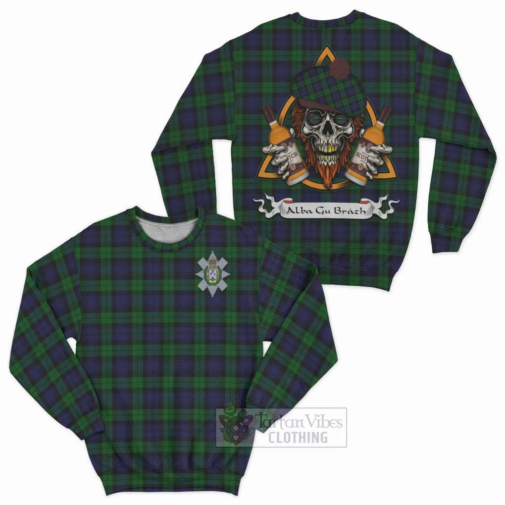 Tartan Vibes Clothing Black Watch Tartan Sweatshirt with Family Crest and Bearded Skull Holding Bottles of Whiskey