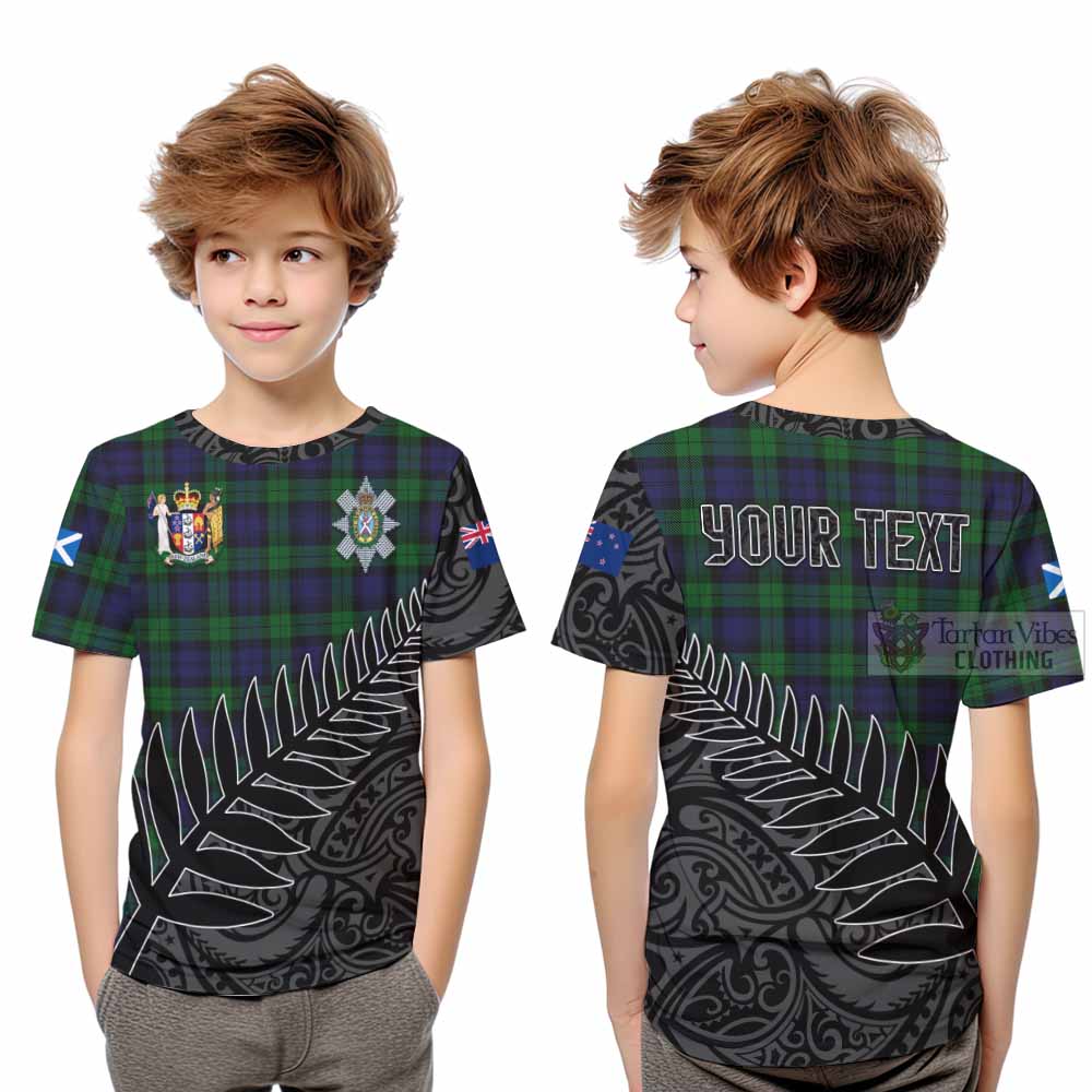 Tartan Vibes Clothing Black Watch Crest Tartan Kid T-Shirt with New Zealand Silver Fern Half Style