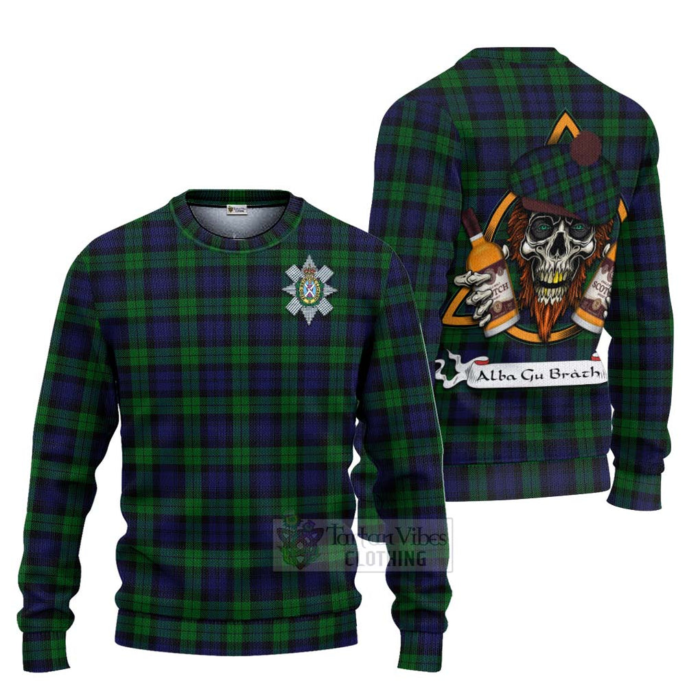 Tartan Vibes Clothing Black Watch Tartan Knitted Sweater with Family Crest and Bearded Skull Holding Bottles of Whiskey