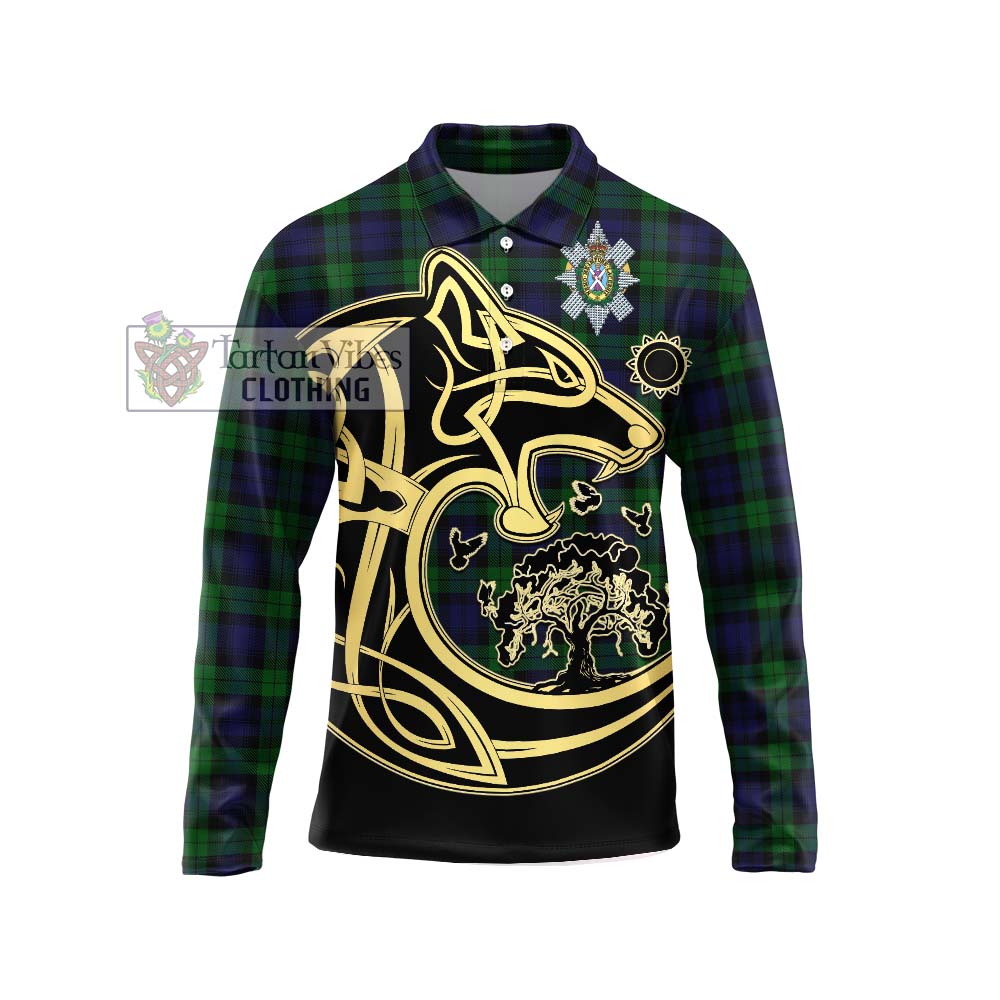 Black Watch Tartan Long Sleeve Polo Shirt with Family Crest Celtic Wolf Style Unisex - Tartanvibesclothing Shop