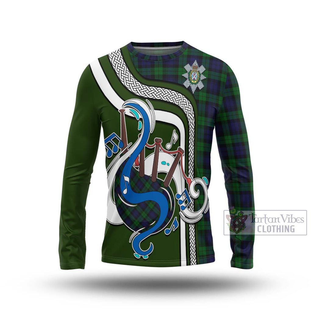 Tartan Vibes Clothing Black Watch Tartan Long Sleeve T-Shirt with Epic Bagpipe Style