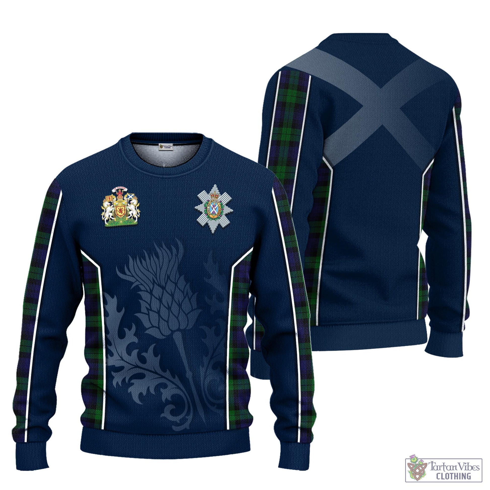 Tartan Vibes Clothing Black Watch Tartan Knitted Sweatshirt with Family Crest and Scottish Thistle Vibes Sport Style