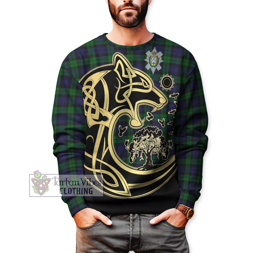 Black Watch Tartan Sweatshirt with Family Crest Celtic Wolf Style Unisex - Tartan Vibes Clothing