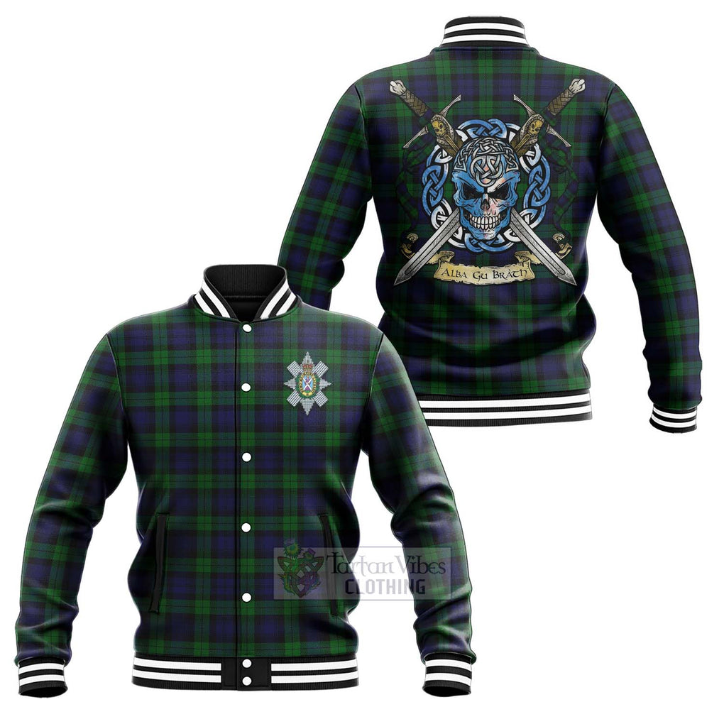 Tartan Vibes Clothing Black Watch Tartan Baseball Jacket with Family Crest Celtic Skull Style