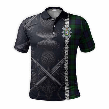 Black Watch Tartan Polo Shirt with Family Crest Cross Sword Thistle Celtic Vibes