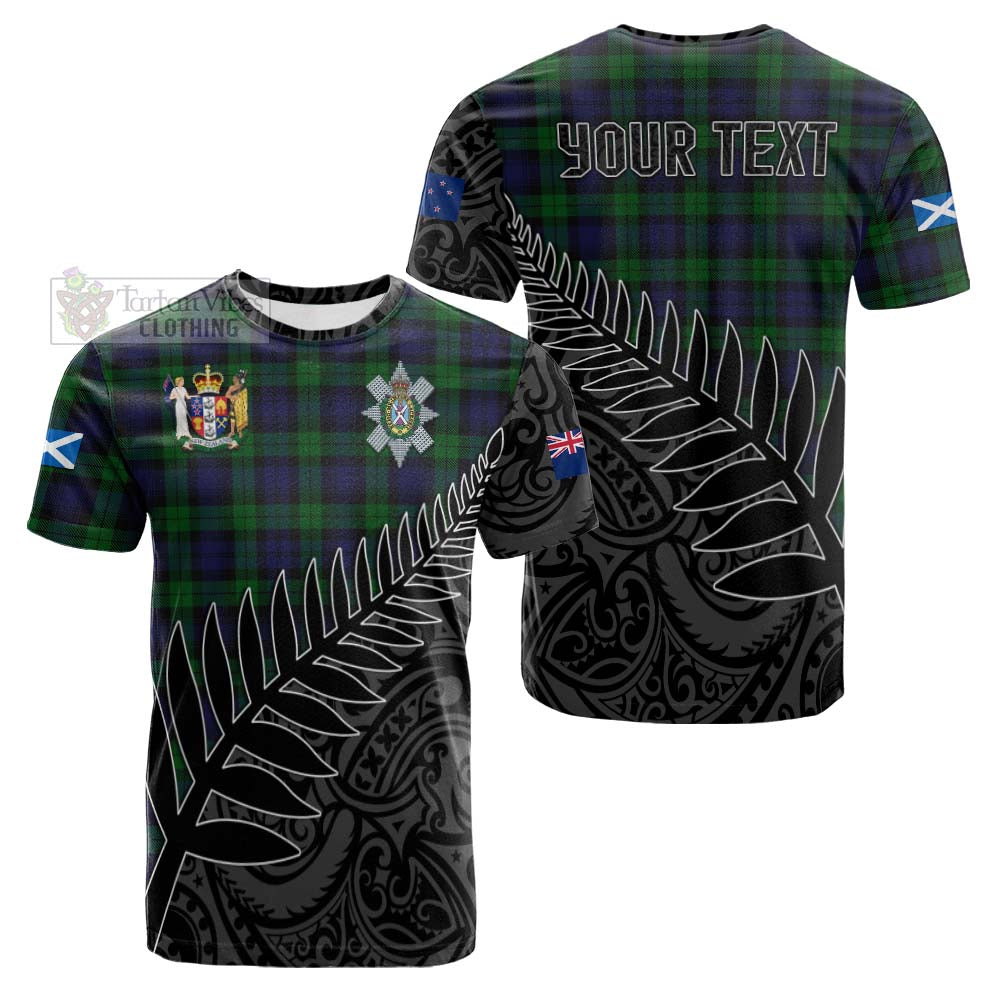 Tartan Vibes Clothing Black Watch Crest Tartan Cotton T-shirt with New Zealand Silver Fern Half Style