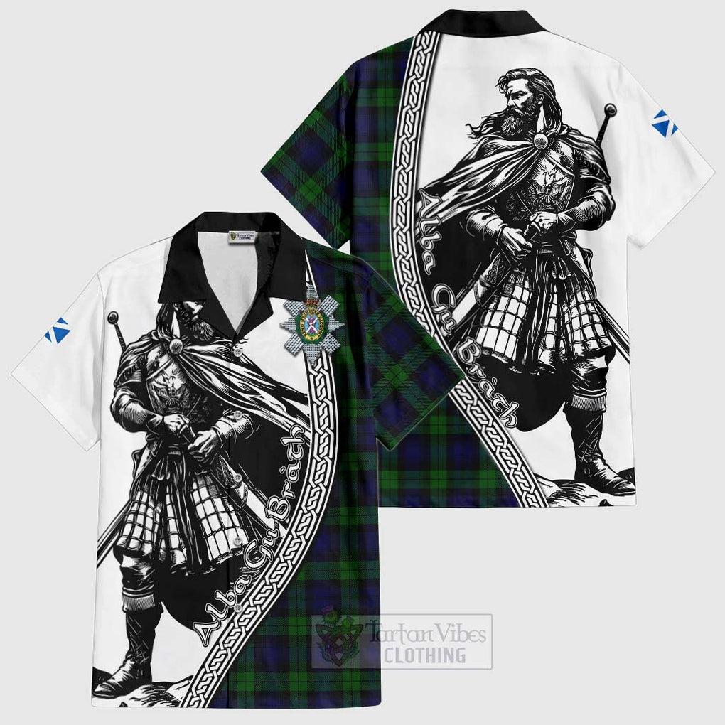 Tartan Vibes Clothing Black Watch Tartan Clan Crest Short Sleeve Button Shirt with Highlander Warrior Celtic Style