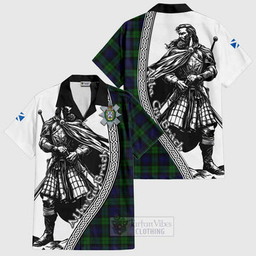 Black Watch Tartan Clan Crest Short Sleeve Button Shirt with Highlander Warrior Celtic Style