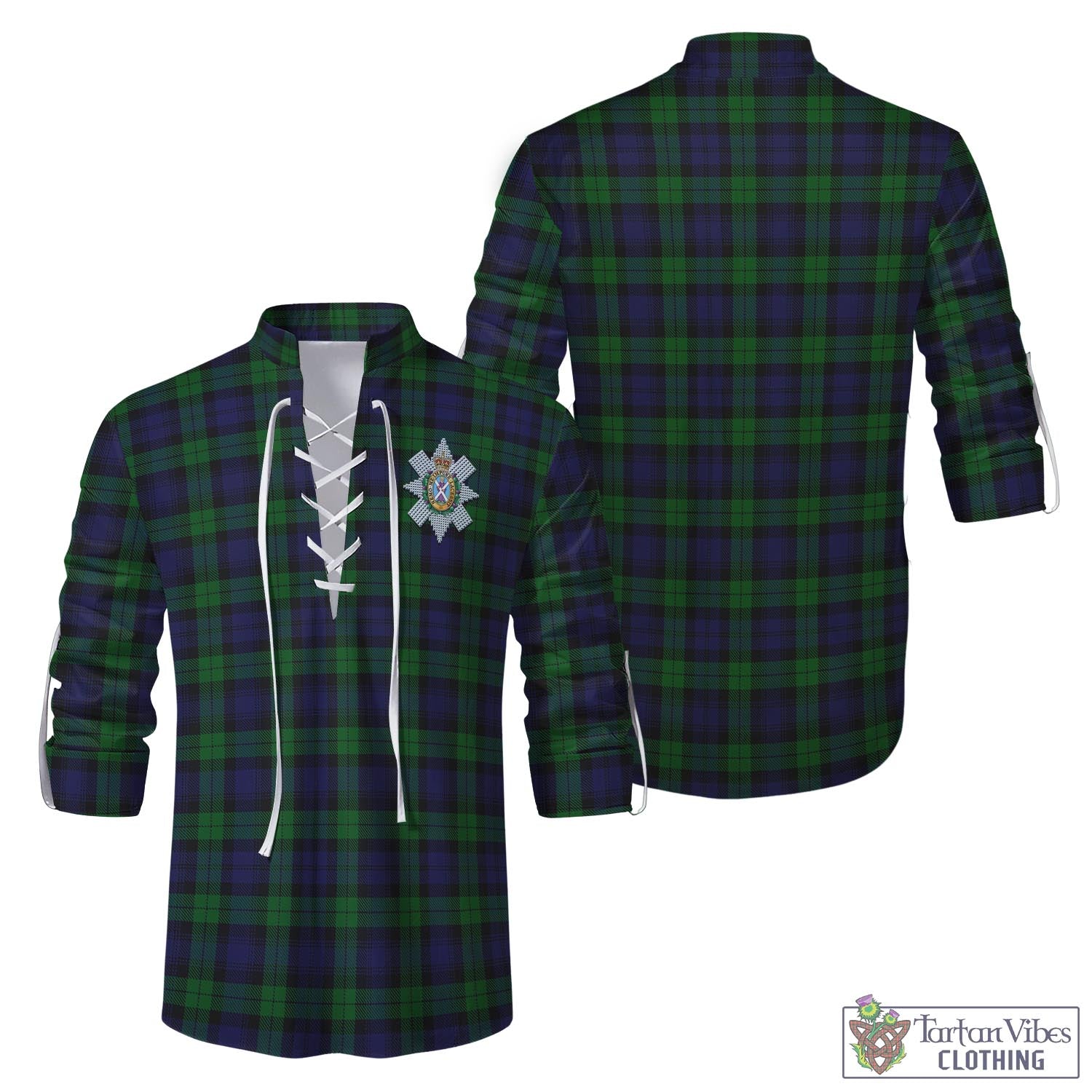 Tartan Vibes Clothing Black Watch Tartan Men's Scottish Traditional Jacobite Ghillie Kilt Shirt with Family Crest