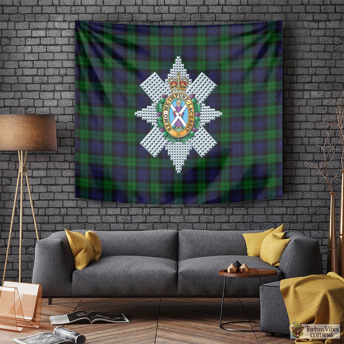 Tartan Vibes Clothing Black Watch Tartan Tapestry Wall Hanging and Home Decor for Room with Family Crest