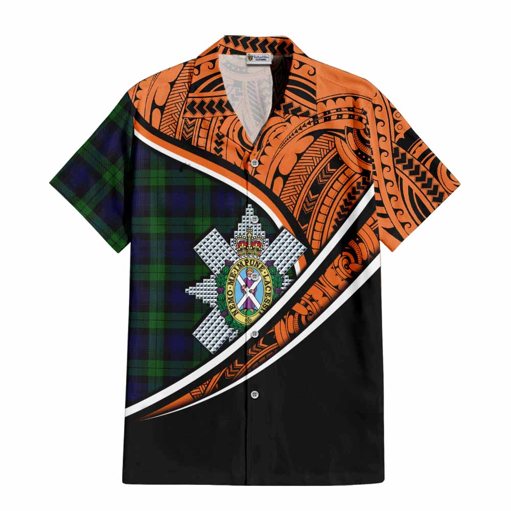 Tartan Vibes Clothing Black Watch Crest Tartan Short Sleeve Button Shirt with Maori Tattoo Style - Orange Version