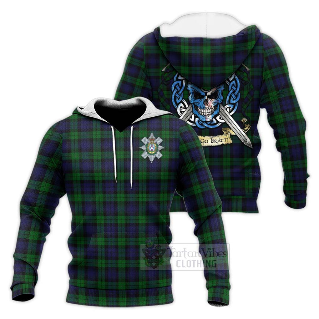 Tartan Vibes Clothing Black Watch Tartan Knitted Hoodie with Family Crest Celtic Skull Style