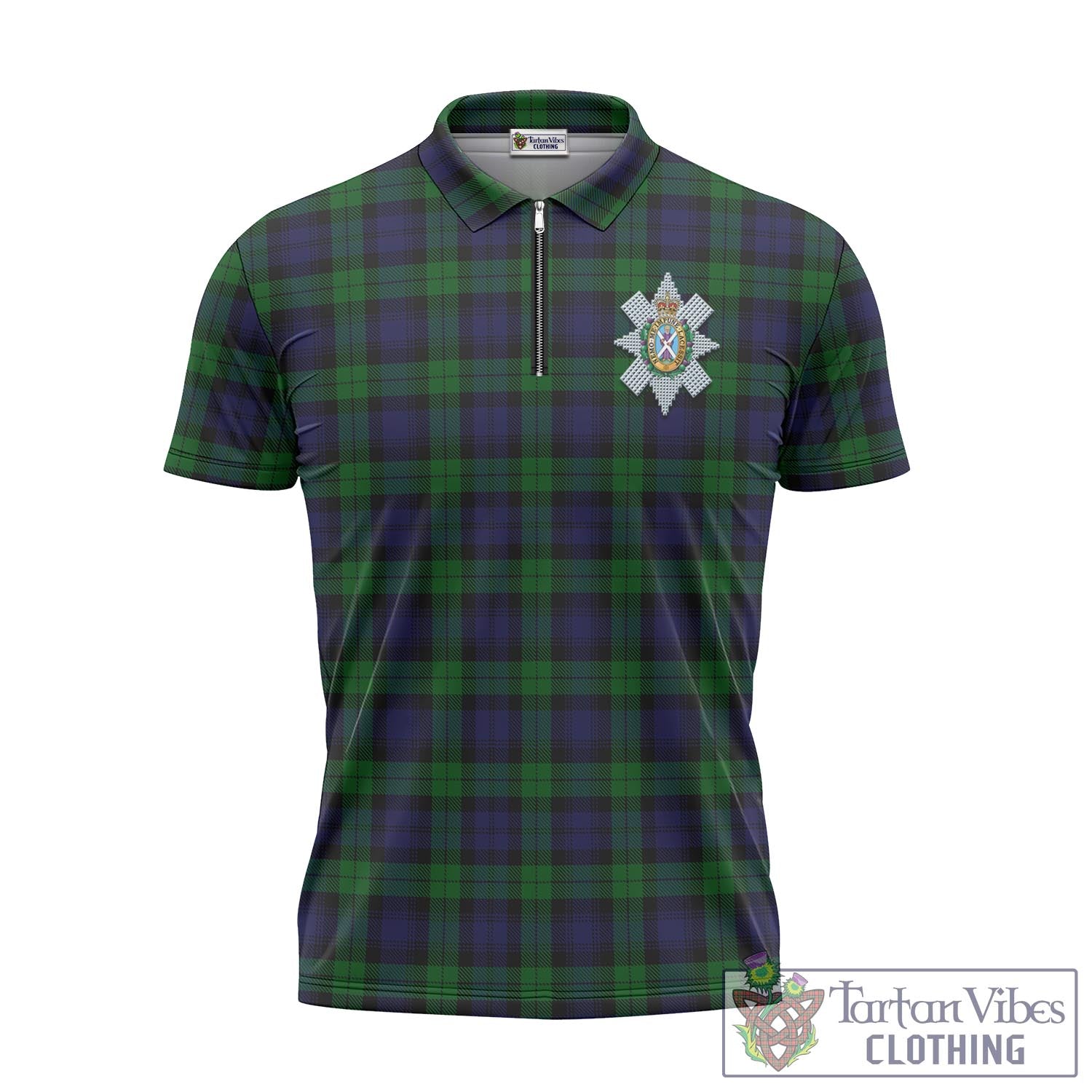 Tartan Vibes Clothing Black Watch Tartan Zipper Polo Shirt with Family Crest