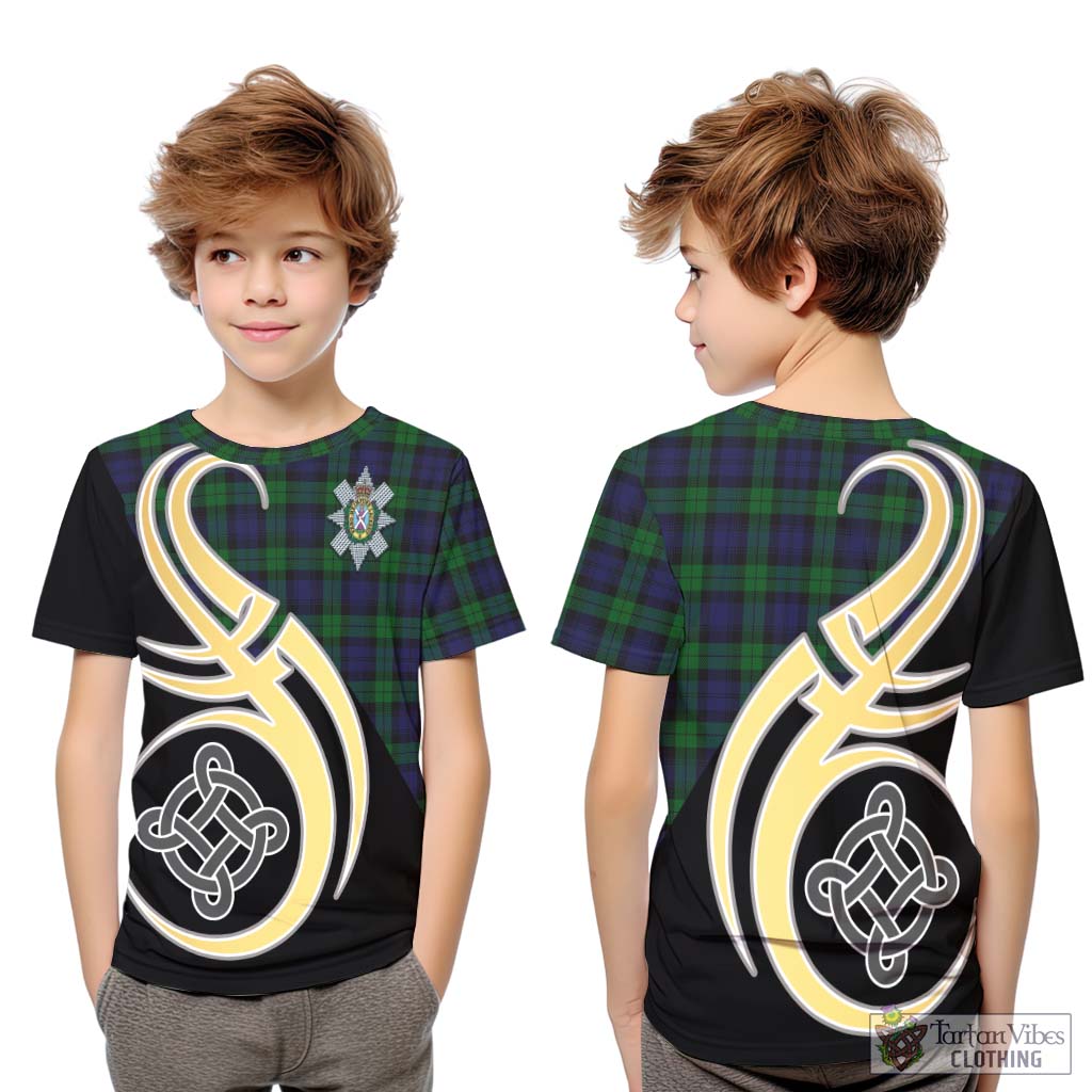 Black Watch Tartan Kid T-Shirt with Family Crest and Celtic Symbol Style Youth XL Size14 - Tartan Vibes Clothing