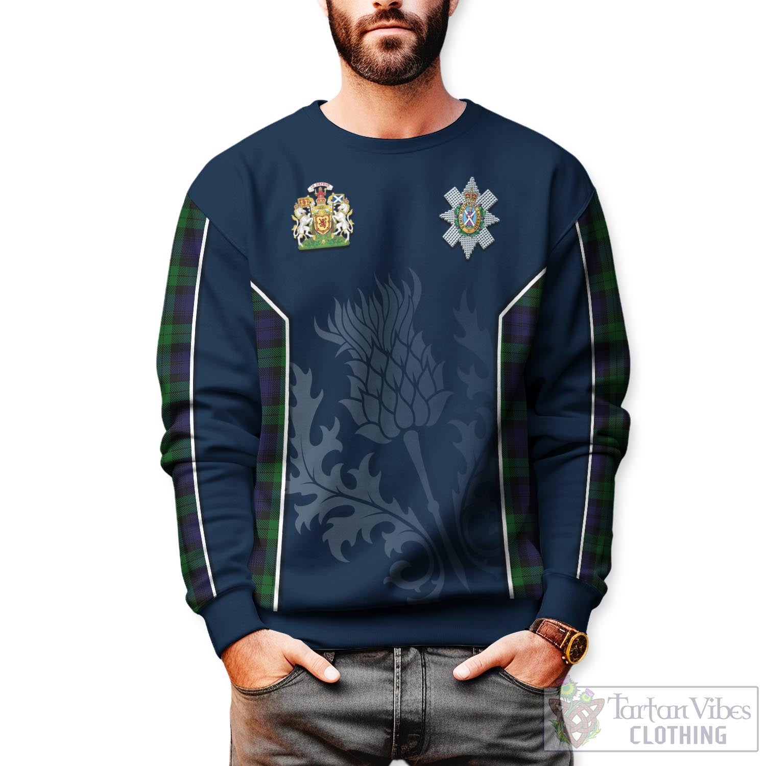 Tartan Vibes Clothing Black Watch Tartan Sweatshirt with Family Crest and Scottish Thistle Vibes Sport Style