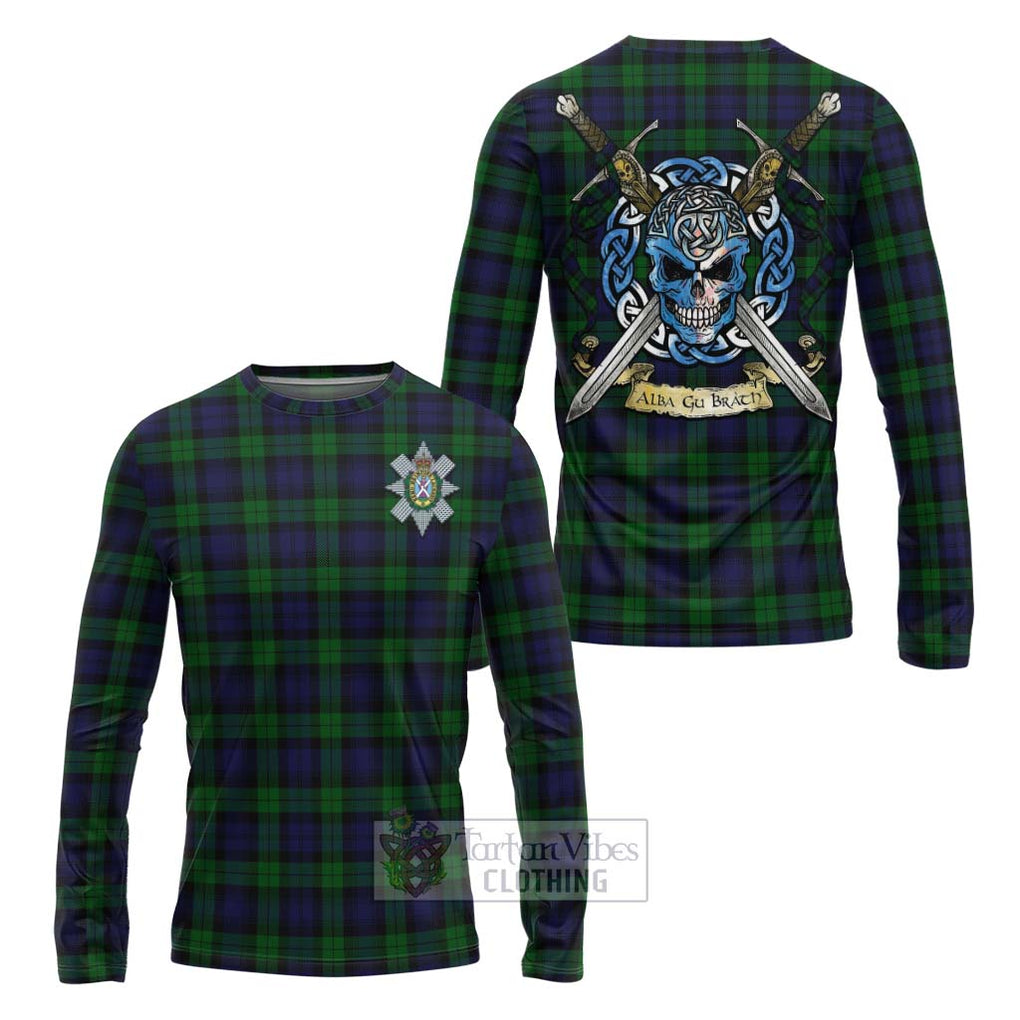 Tartan Vibes Clothing Black Watch Tartan Long Sleeve T-Shirt with Family Crest Celtic Skull Style