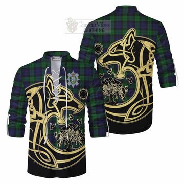 Black Watch Tartan Ghillie Kilt Shirt with Family Crest Celtic Wolf Style