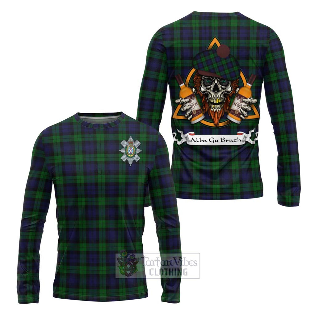 Tartan Vibes Clothing Black Watch Tartan Long Sleeve T-Shirt with Family Crest and Bearded Skull Holding Bottles of Whiskey