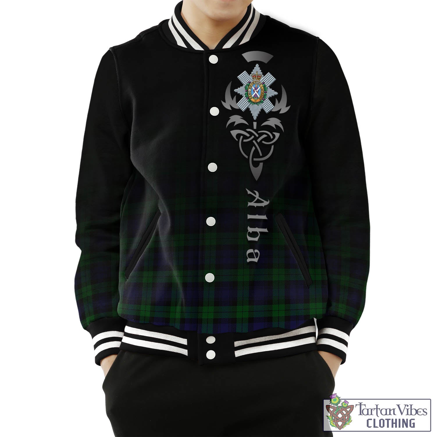 Tartan Vibes Clothing Black Watch Tartan Baseball Jacket Featuring Alba Gu Brath Family Crest Celtic Inspired