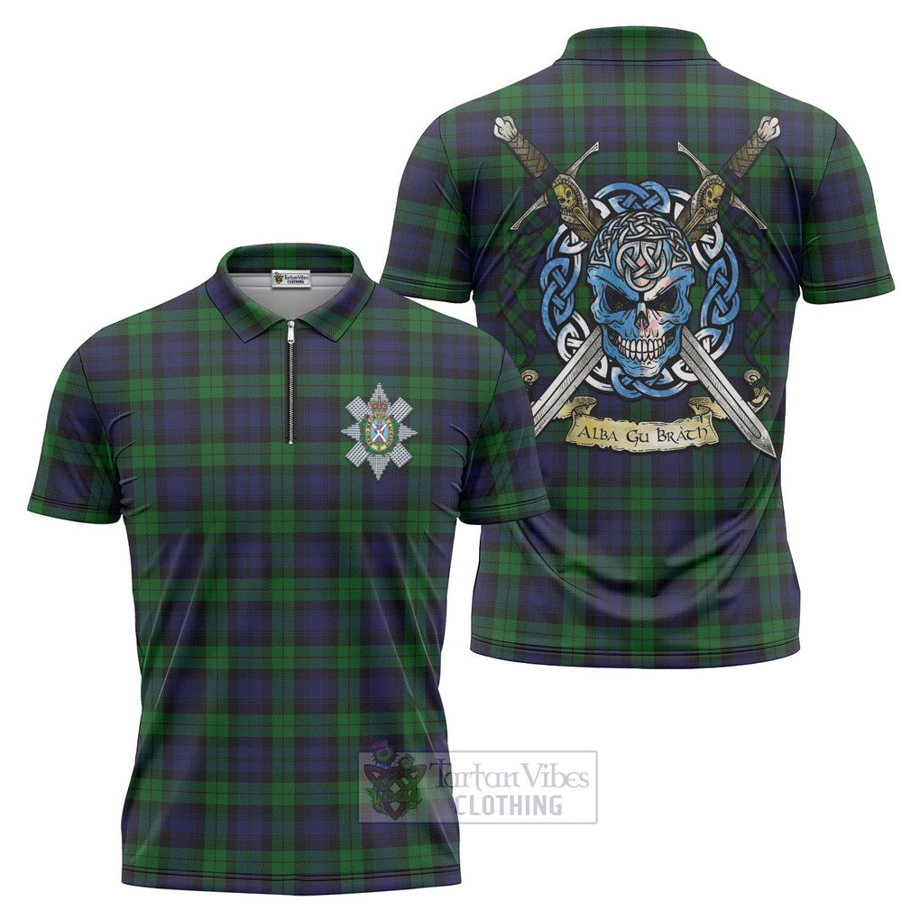 Tartan Vibes Clothing Black Watch Tartan Zipper Polo Shirt with Family Crest Celtic Skull Style