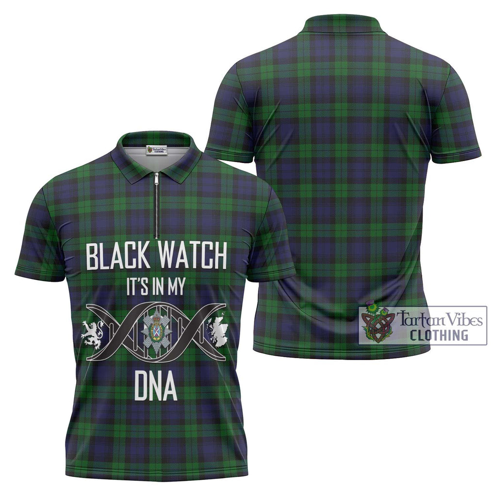 Black Watch Tartan Zipper Polo Shirt with Family Crest DNA In Me Style Unisex - Tartanvibesclothing Shop