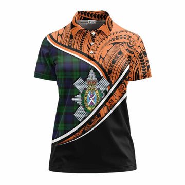 Black Watch Crest Tartan Women's Polo Shirt with Polynesian Vibes Style - Orange Version