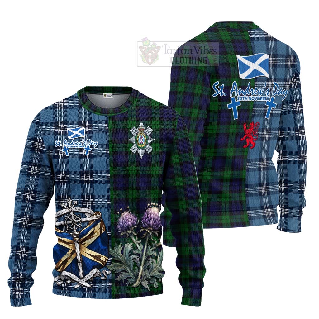 Tartan Vibes Clothing Black Watch Tartan Knitted Sweater Happy St. Andrew's Day Half Tartan Style